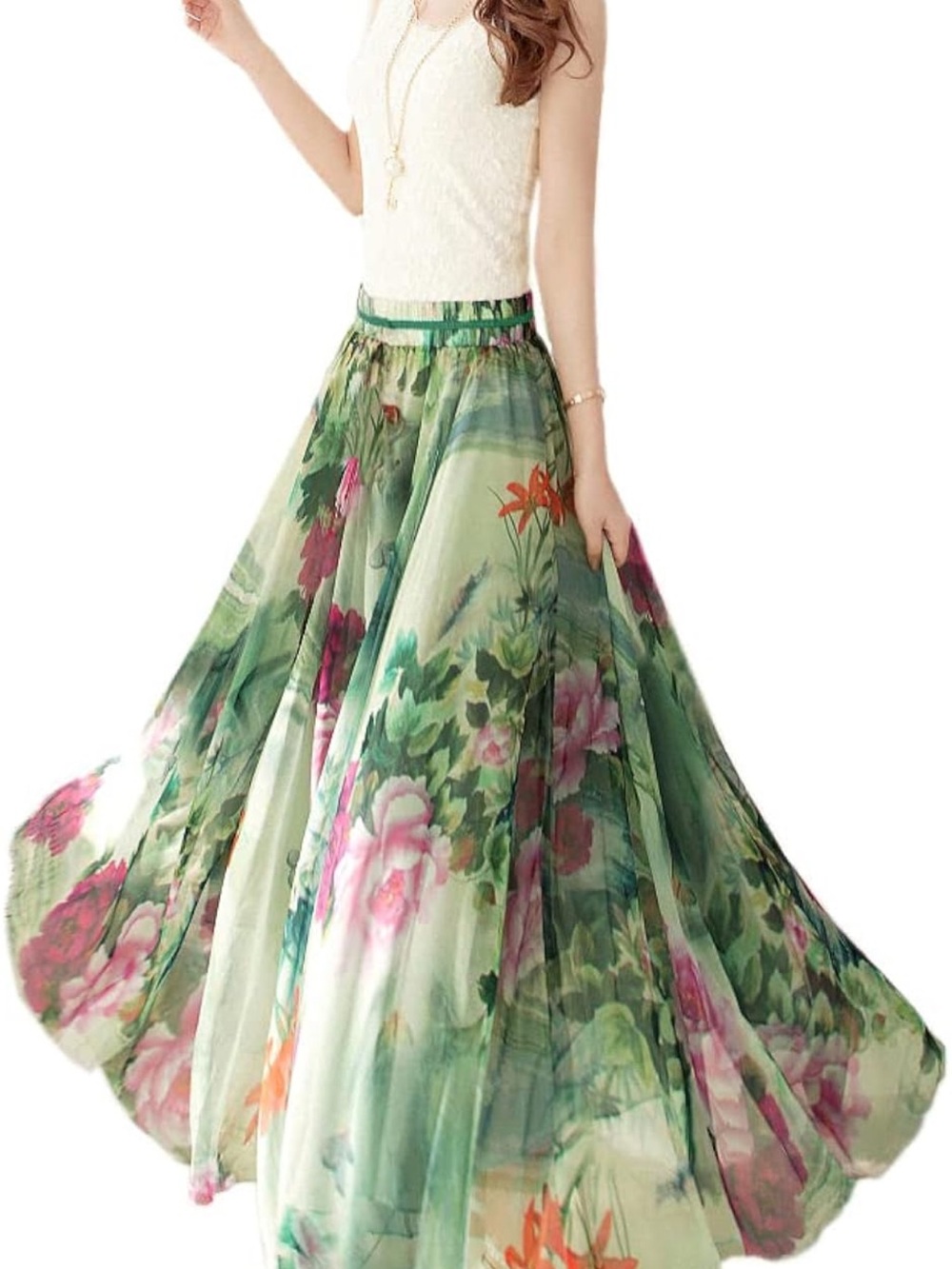 Floral Green Chiffon Maxi Skirt - Elegant Garden Print